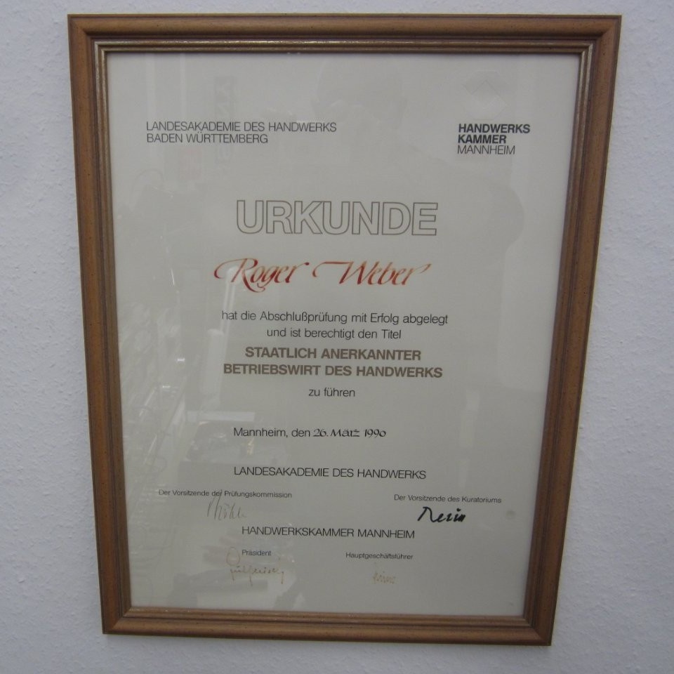 Urkunde Roger Weber Betriebswirt des Handwerks März 1990