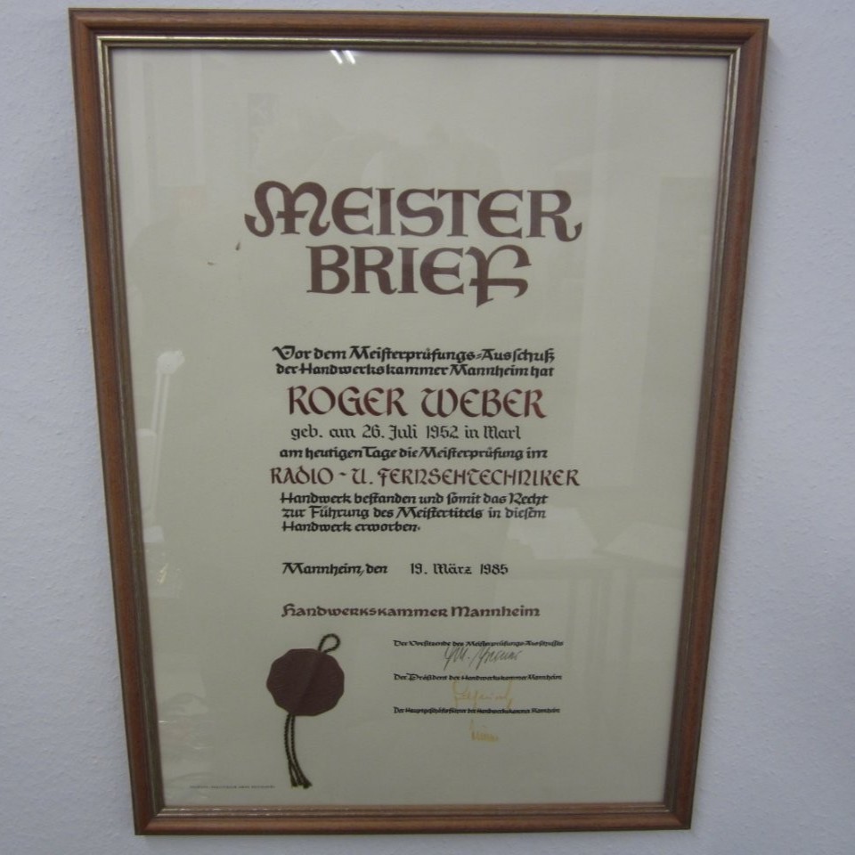 Meisterbrief Roger Weber ausgestellt im März 1985 Handwerkskammer Mannheim